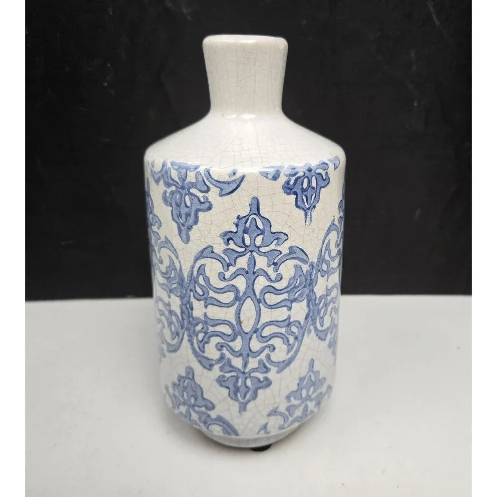 Blue and White Terracotta Vase Distressed Finish Floral Scroll Shabby Chic 7.5" - Picture 3 of 9
